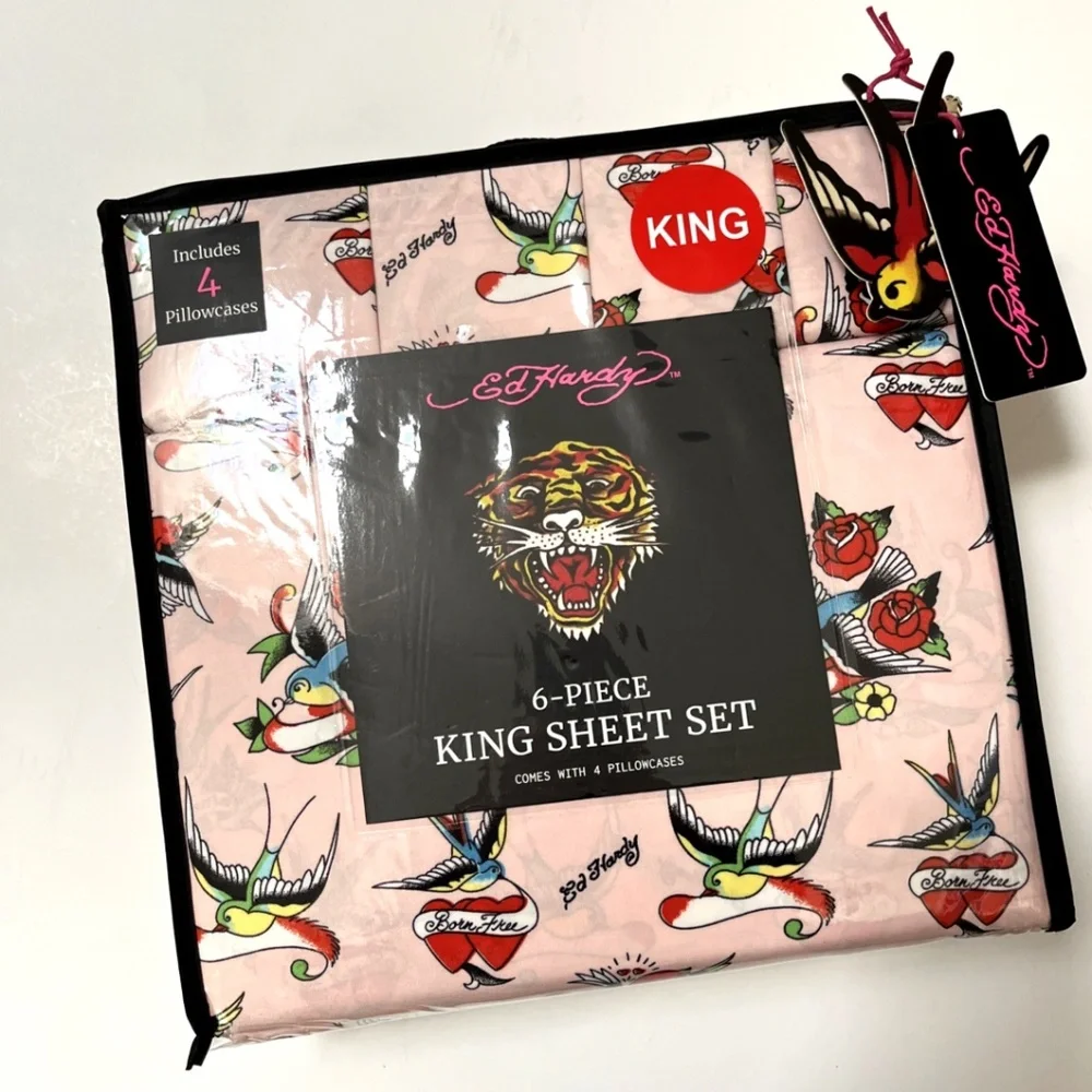 Ed Hardy King 6-Piece Sheet Set Americana Tattoo Skull Rose Swallow Print NWT
